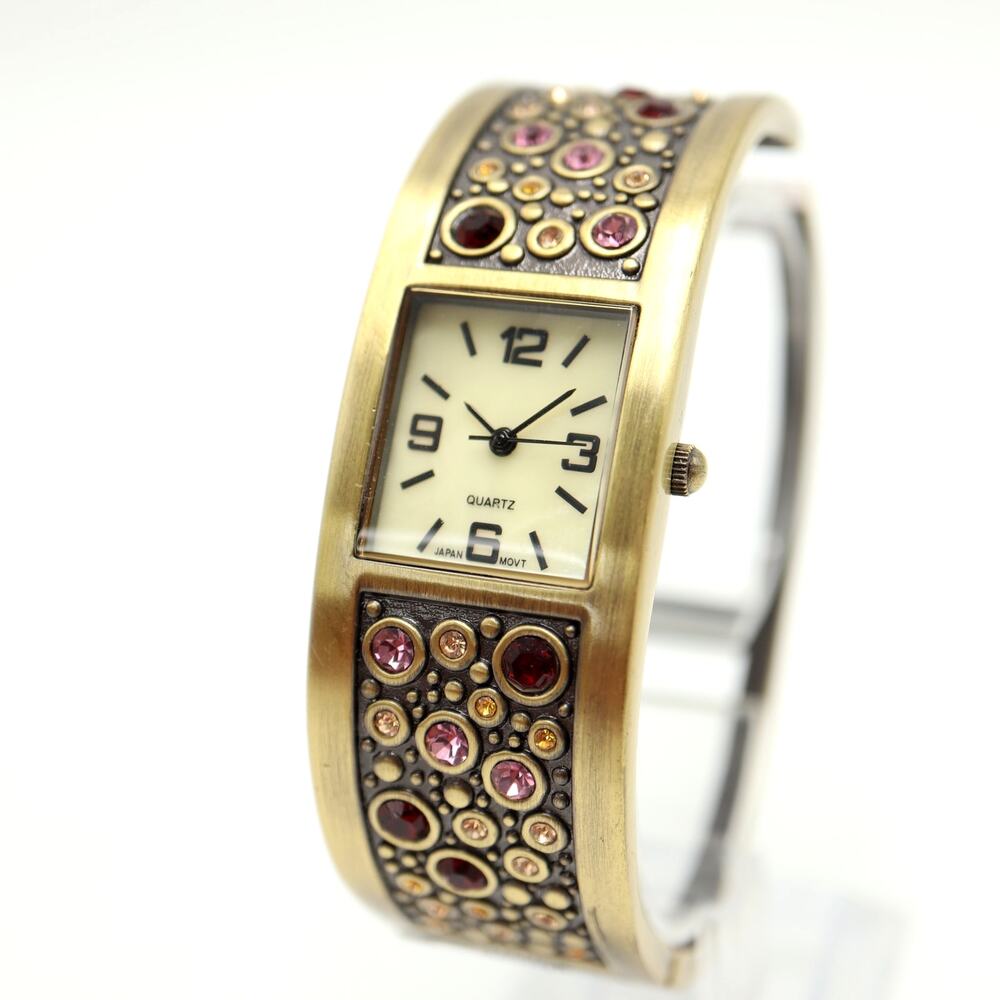 Womens Bronze Tone Multicolor Gem Cuff Bracelet MOP 24mm Watch w New Battery